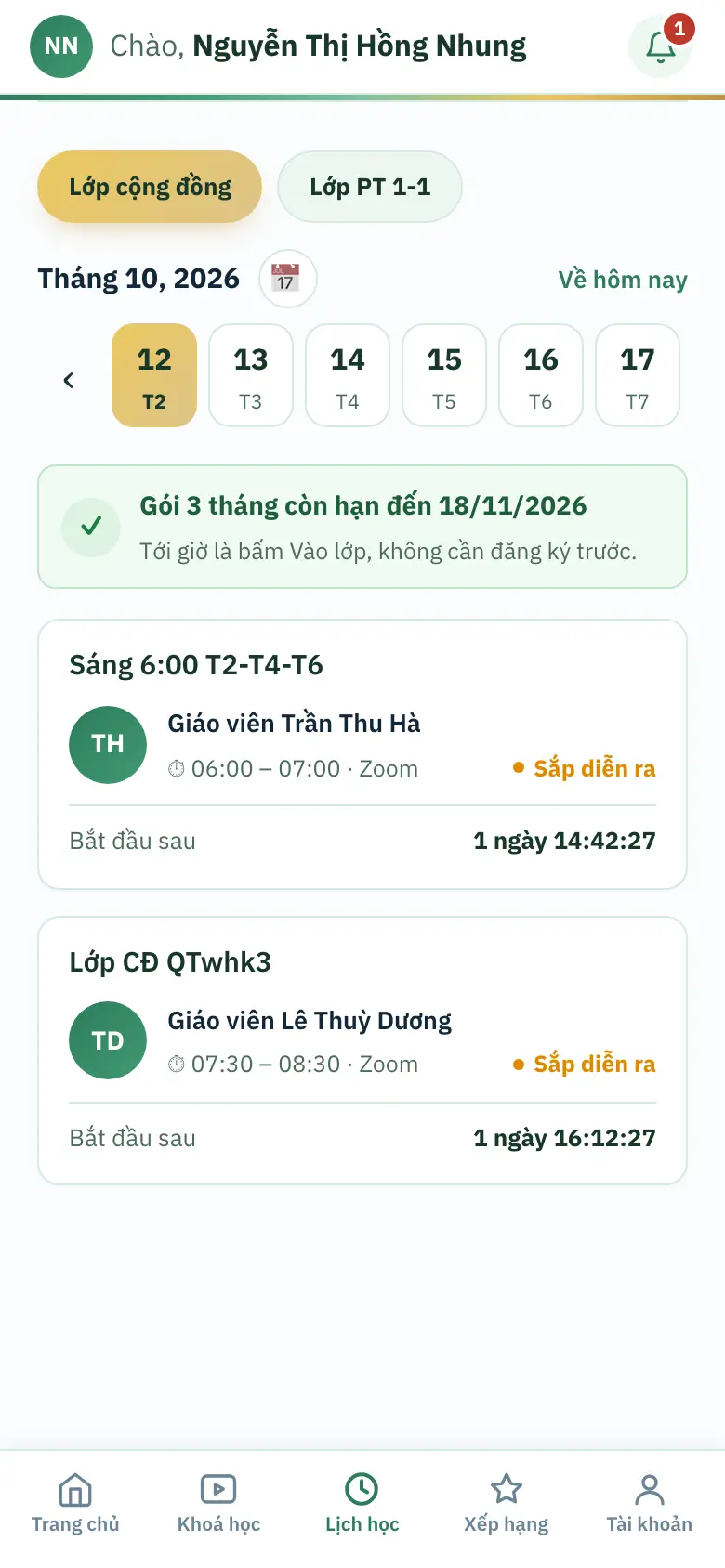 Lịch học trên điện thoại khi xem ngày khác: hai nút loại lớp, nút Về hôm nay, dải tuần, khung xanh báo thẻ còn hạn và các buổi Sắp diễn ra có đồng hồ Bắt đầu sau